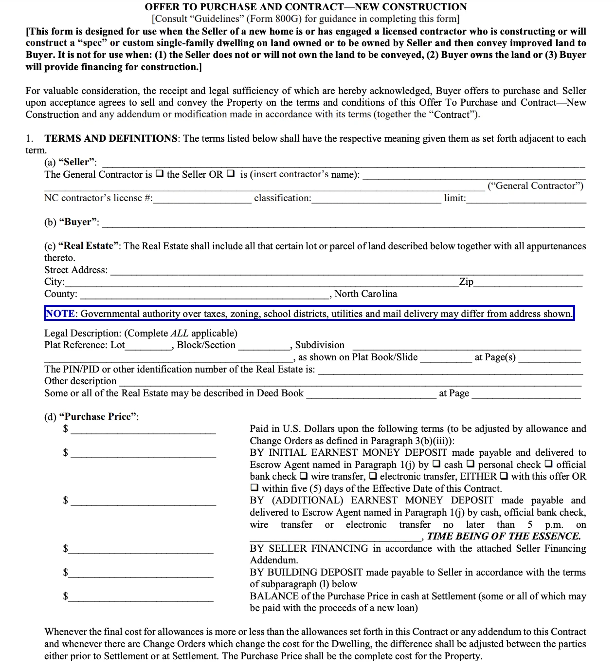 real estate sales contract nc sample